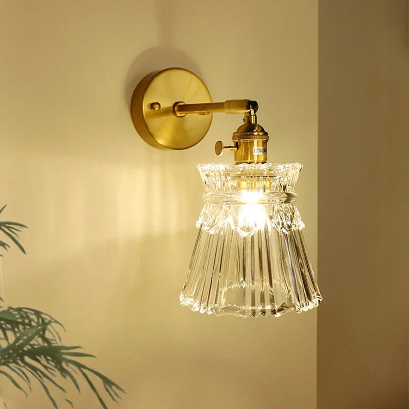 Axyaa Glass Shade Brass Wall Sconce Lamp - Modern Luxury Mirrored Bedside Light