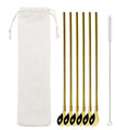 Axyaa Twisted Straw Spoon Set: 6pcs Reusable Stainless Steel Straws, Gold Tea Scoop, Black Dinnerware