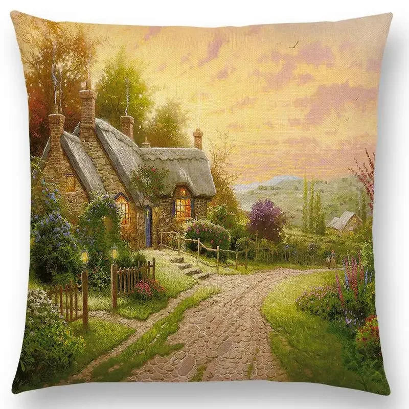 Axyaa Castle Lighthouse Scenery Painting Cushion Cover - Sofa Pillowcase
