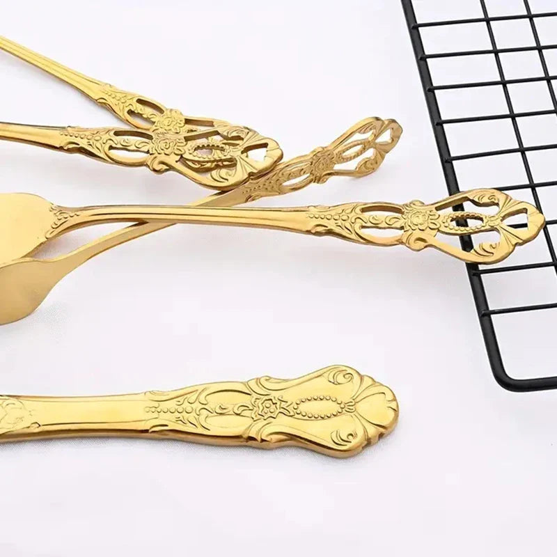 Axyaa Gold Embossed Stainless Steel Tableware Set, Steak Knife, Fork, Spoon, Dessert Fork