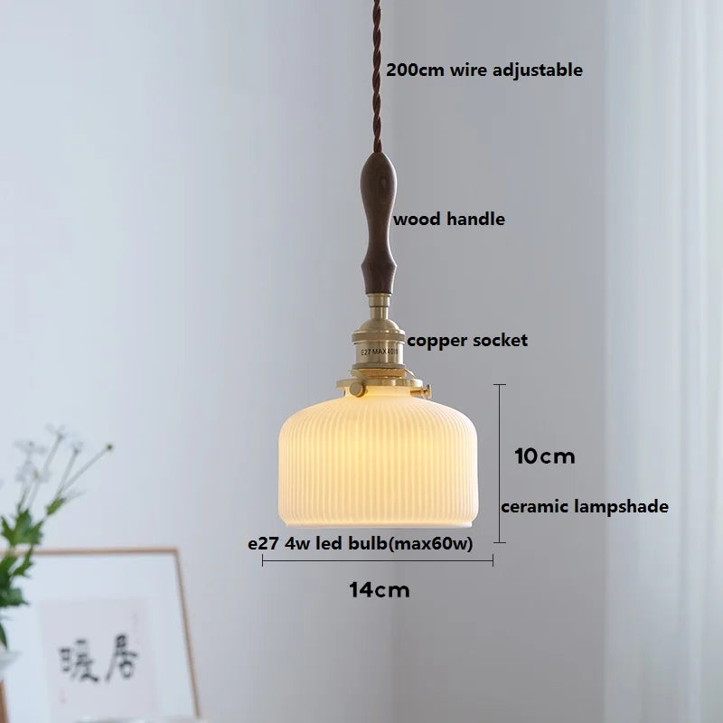 Axyaa White Ceramic LED Pendant Light with Wood Handle - Bedroom Living Room Lamp