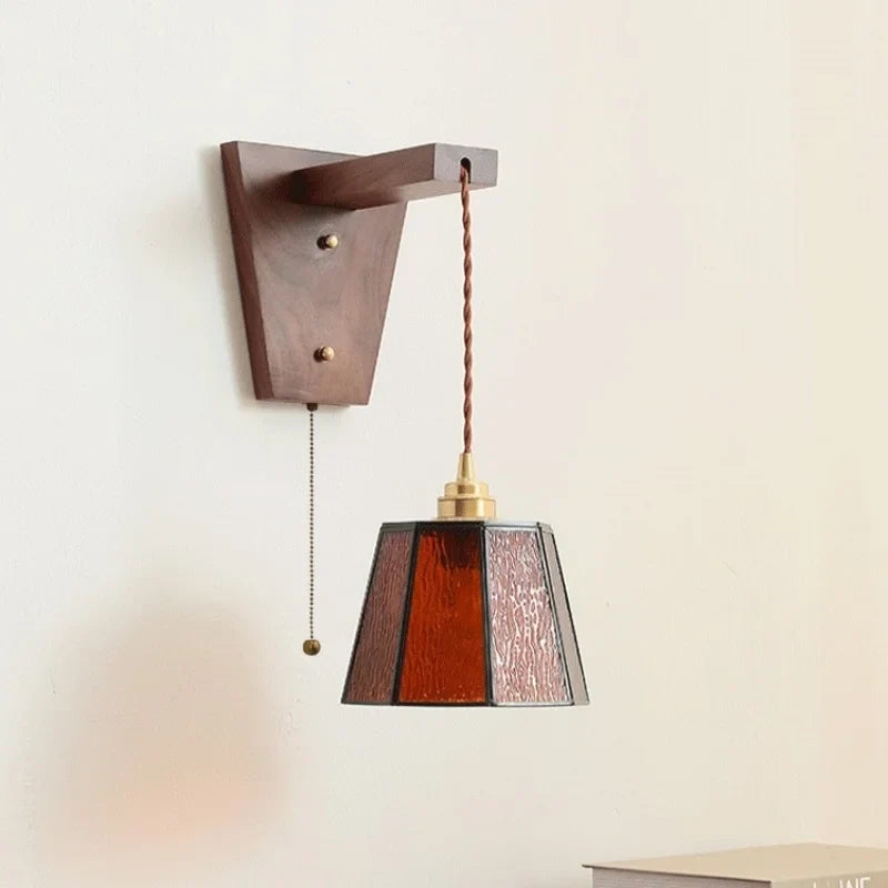 Axyaa Nordic Glass Walnut LED Wall Lights with Pull Chain Switch for Bedroom