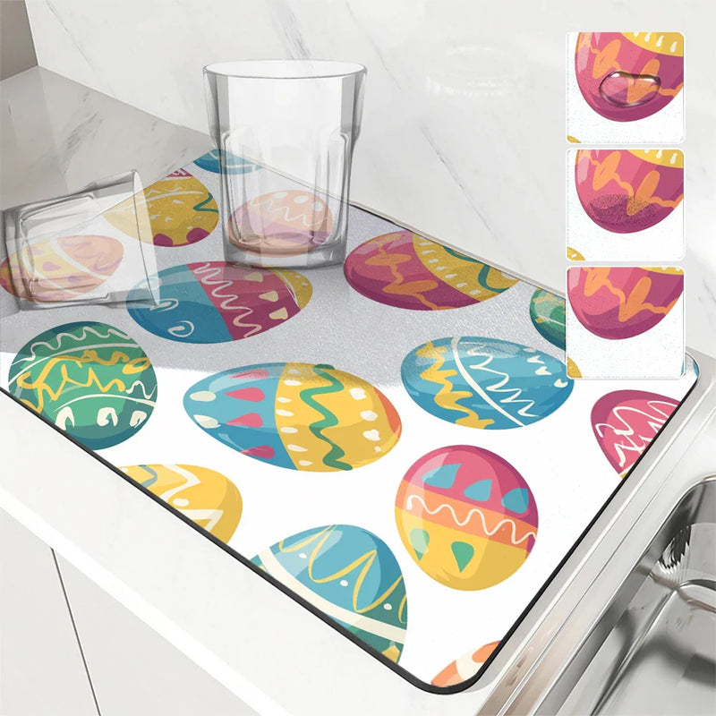 Axyaa Easter Egg Plants Absorbent Rubber Backed Drying Mat for Kitchen & Bathroom