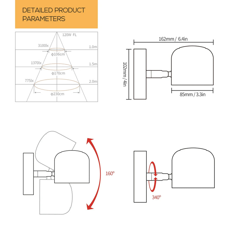 Axyaa Adjustable Angle LED Wall Lamp for Bedside Living Room