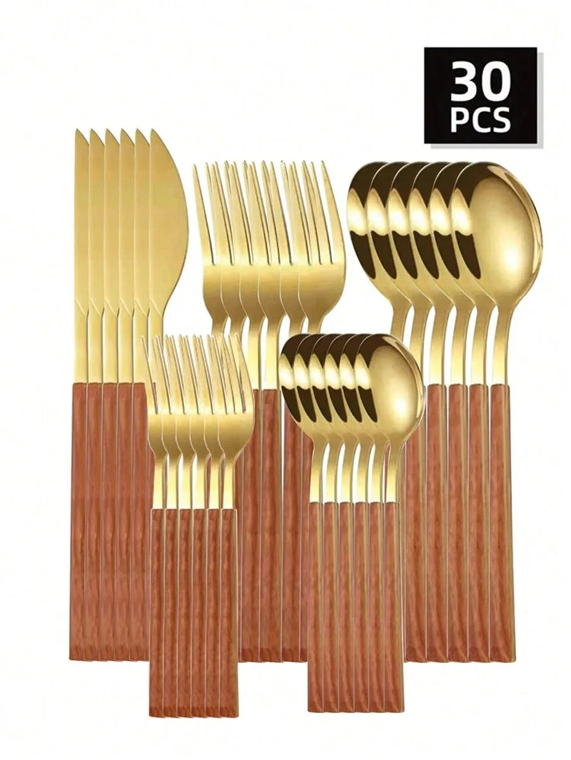 Axyaa Stainless Steel Cutlery Set with Imitation Wood Handles for Home, Hotel, Party