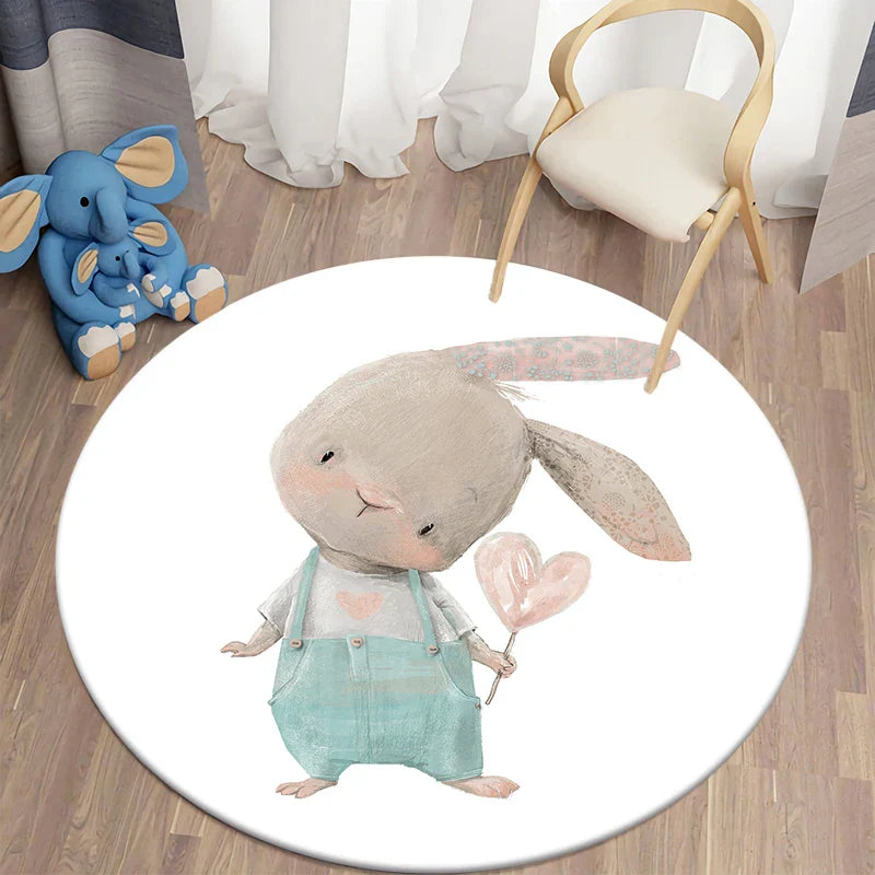 Round Rabbit Print Rug for Kids' Room | Axyaa's Cartoon Rabbit Mat