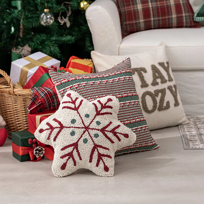 Axyaa Christmas Snowflakes Red Checked Tree Pillow Cover Home Decoration
