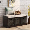 Rustic Shoe Bench with 3 Baskets, Cushion, and Cabinet by Axyaa
