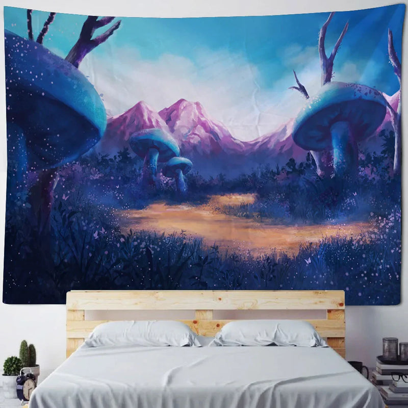 Axyaa Fairy Tale Fantasy Mushroom Tapestry - Boho Kids Room Art Decor