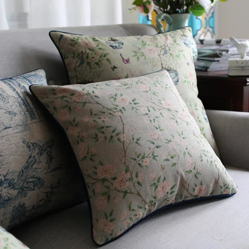 Axyaa Soft Velvet/Cotton Linen Cushion Cover Shabby Chic Floral Pink Blue 45x45cm