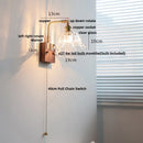 Axyaa Nordic LED Wall Light Pull Chain Switch Copper Walnut Wood Glass Sconce