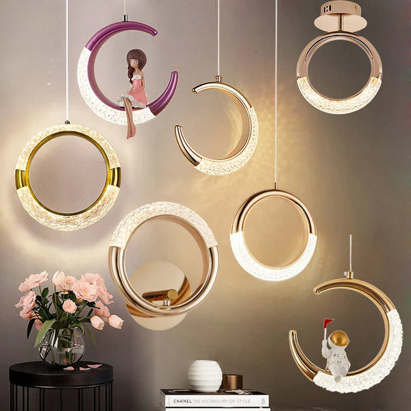 Axyaa Modern LED Pendant Lights Moon Ring Acrylic Alloy Indoor Ceiling and Wall Lamps for Home Decor