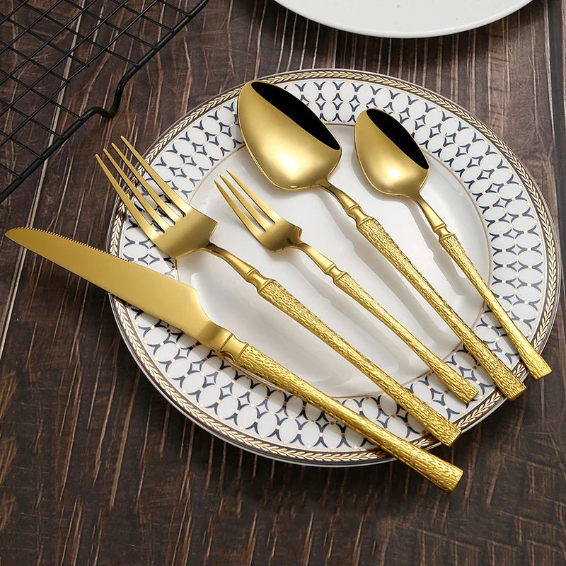 Axyaa 30-Piece Stainless Steel Tableware Set with Golden Waist Design