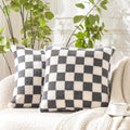 Axyaa Luxe Checkerboard Cushion Cover in Khaki Coffee Wool Faux Fur - Home Decor