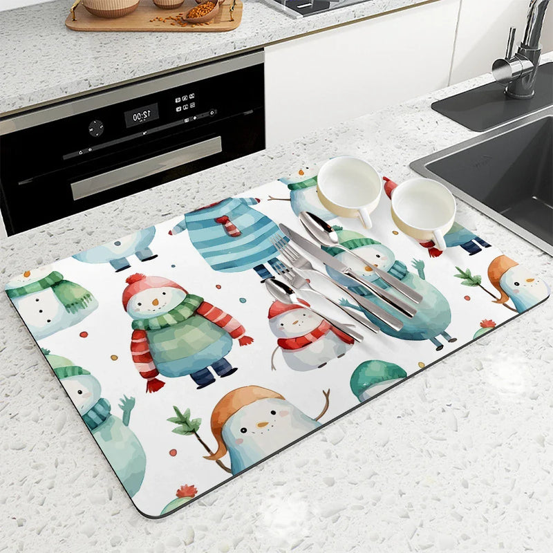 Axyaa Snowman Kitchen Counter Mat Non-slip Absorbent Tableware Drain Mat