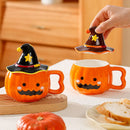 Axyaa Funny Pumpkin Ceramic Coffee Cup with Lid for Halloween Gift