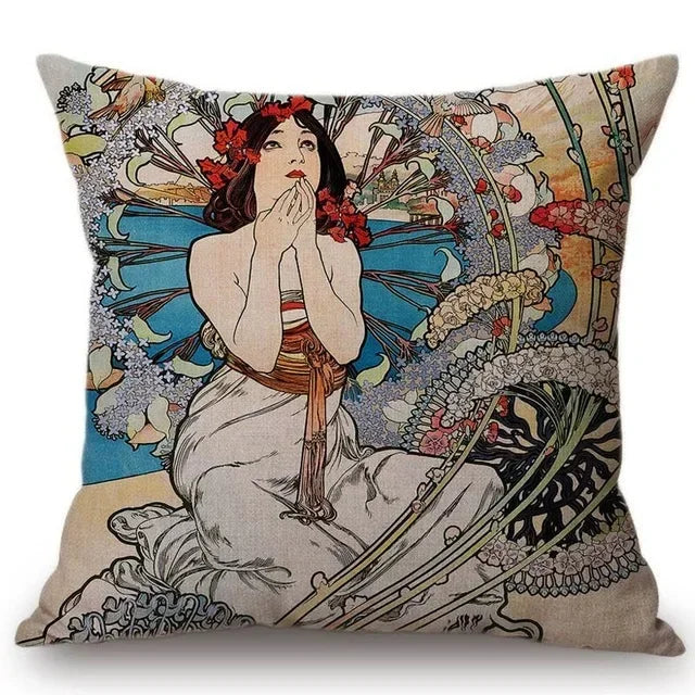 Axyaa Art Nouveau Mucha Gallery Cushion Cover - Beautiful Girl Pattern Linen Pillowcase