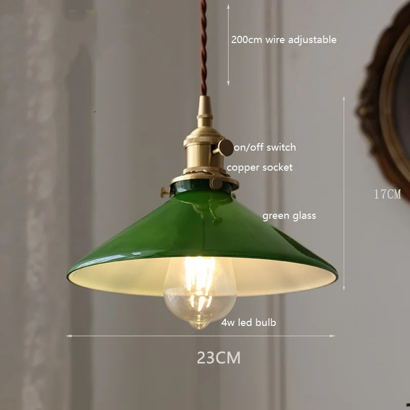 Axyaa White Green Glass LED Pendant Light with Copper Socket