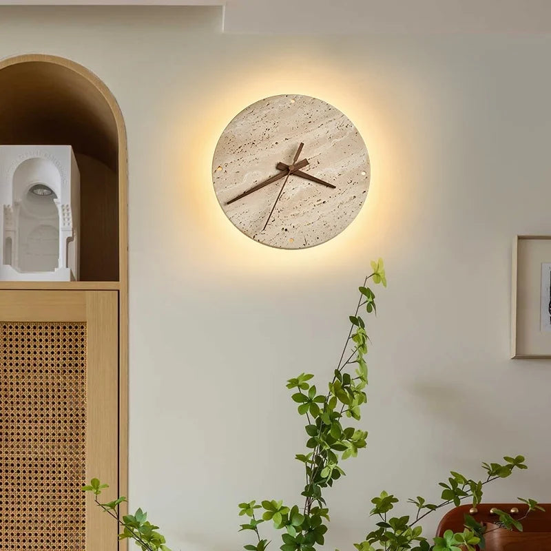 Axyaa Stone Clock LED Wall Light Yellow Travertine Wooden Pointer for Living Room