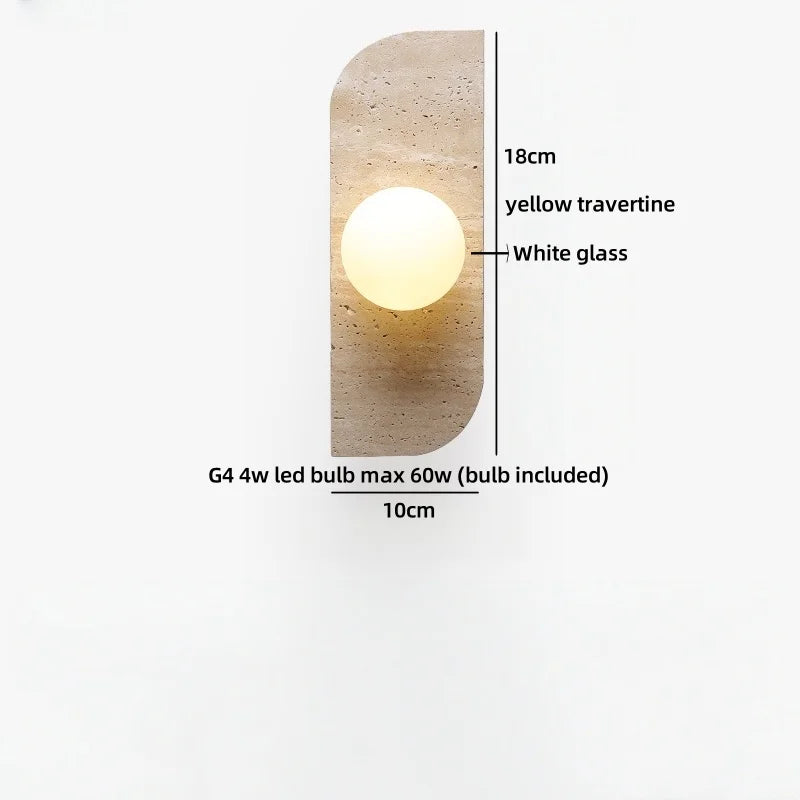 Axyaa White Glass Ball LED Wall Lamp Yellow Travertine Modern Bathroom Mirror Light