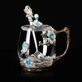 Enamel Flower Tea Glass Mug with Lid & Spoon by Axyaa