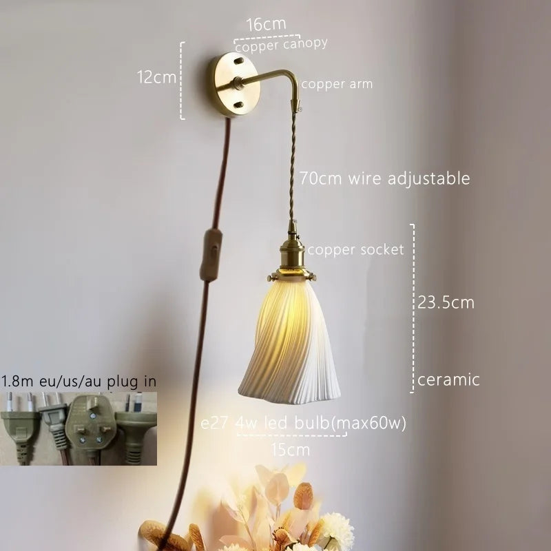 Axyaa Nordic LED Wall Sconce Copper Bedroom Mirror Light Interior Lamparas