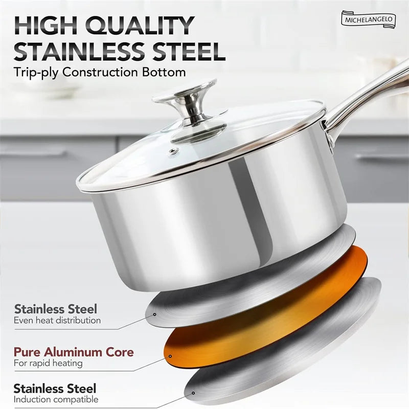 Axyaa 3-qt Stainless Steel Stew Pot with Lid, Induction Compatible, Thick Bottom