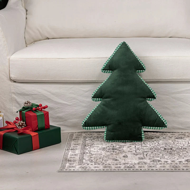 Axyaa Christmas Snowflakes Red Checked Tree Pillow Cover Home Decoration