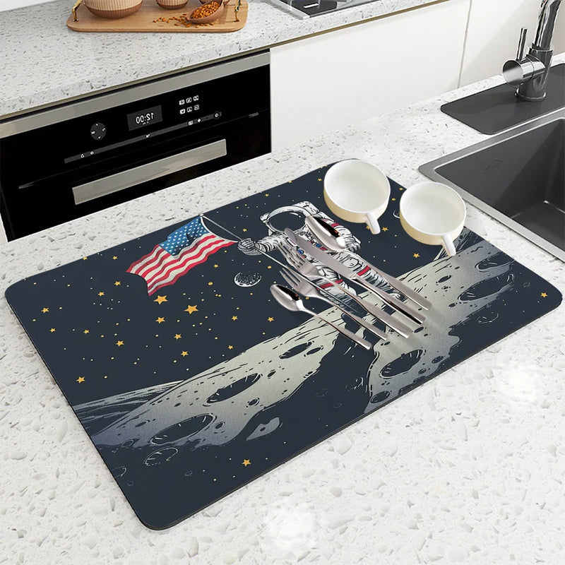 Axyaa Spaceman Coffee Cup Drying Mat Absorbent Non-Slip Kitchen Drain Mat