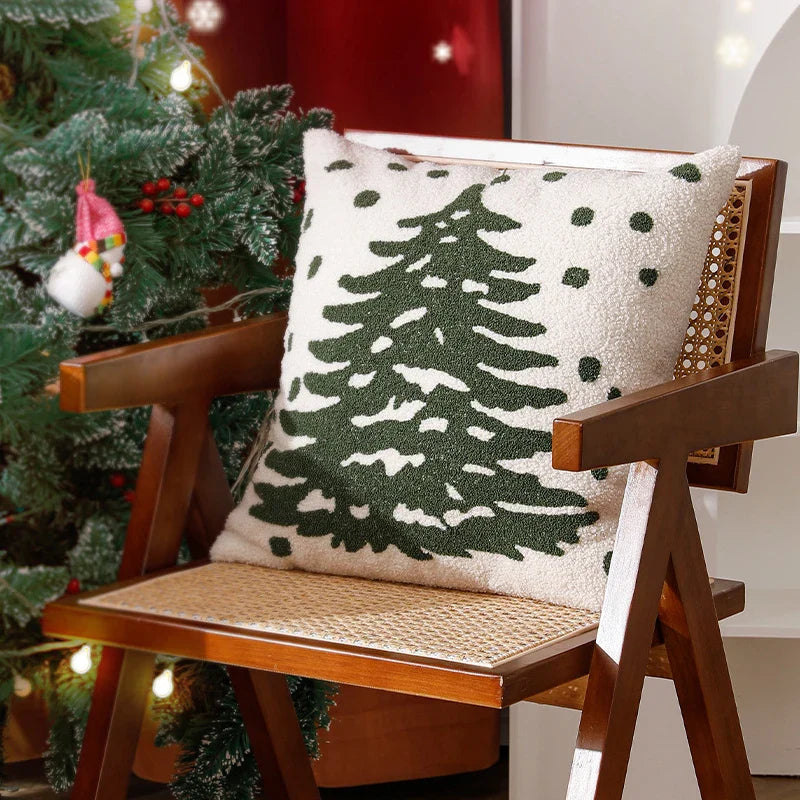 Axyaa Christmas Tree Snowflake Cushion Cover in Green and Red, Embroidered 45x45cm Square Pillowcase