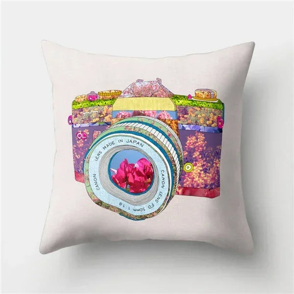 Axyaa Retro Cityscape Gramophone Guitar Drum Camera Print Cushion Cover