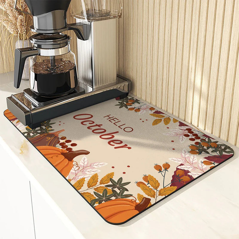 Autumn Harvest Maple Leaves Kitchen Drying Mat by Axyaa