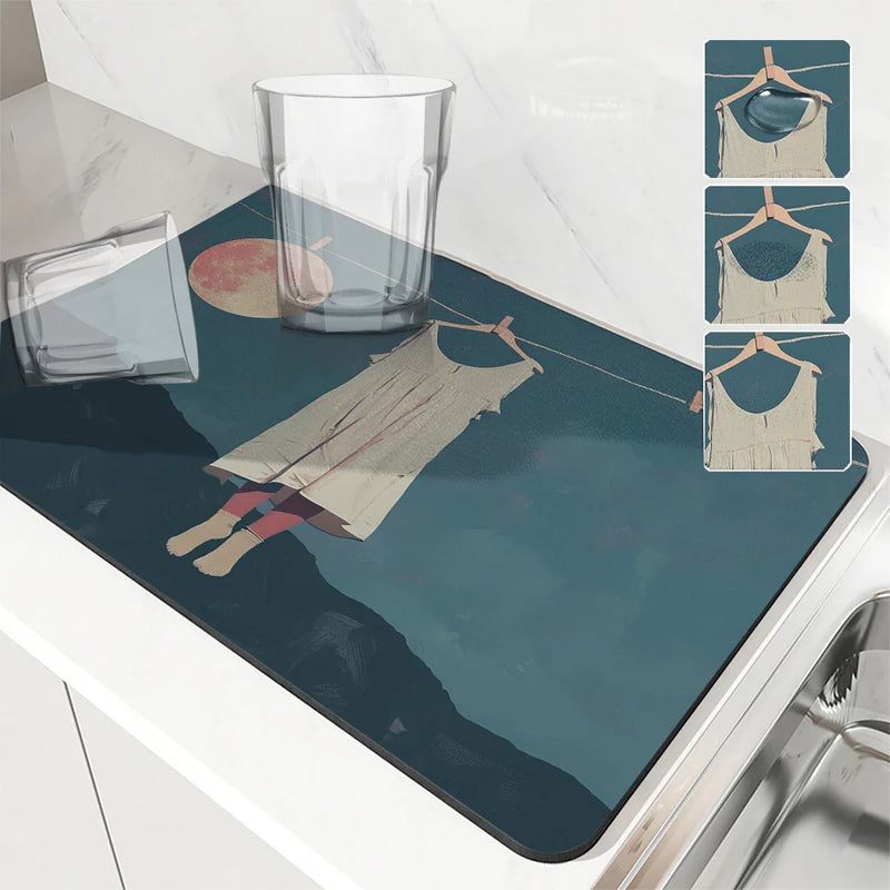 Axyaa Clothesline Art Drying Mat: Non-Slip Absorbent Tableware Mat for Kitchen Counter