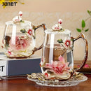 Enamel Flower Tea Glass Mug with Lid & Spoon by Axyaa
