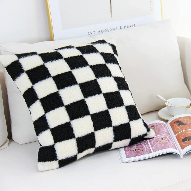 Axyaa Plaid Faux Fur Wool Throw Pillow Cover for Home Decor
