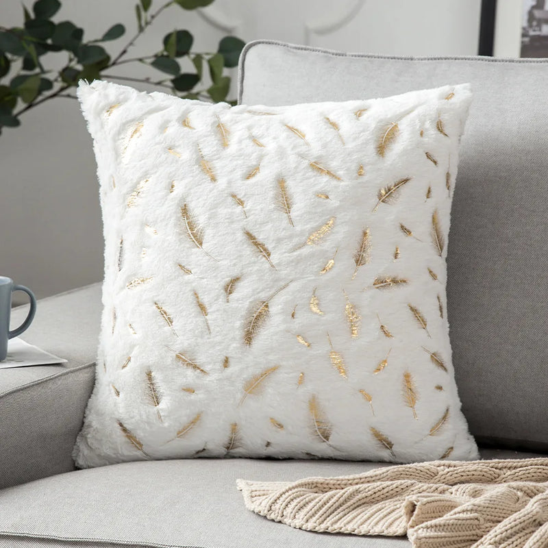 Axyaa Bronzing Golden Feather Style Plush Pillowcase for Festive Home Decor