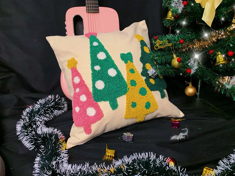 Axyaa Christmas Tree Circle Velvet Embroidery Linen Pillow Cover