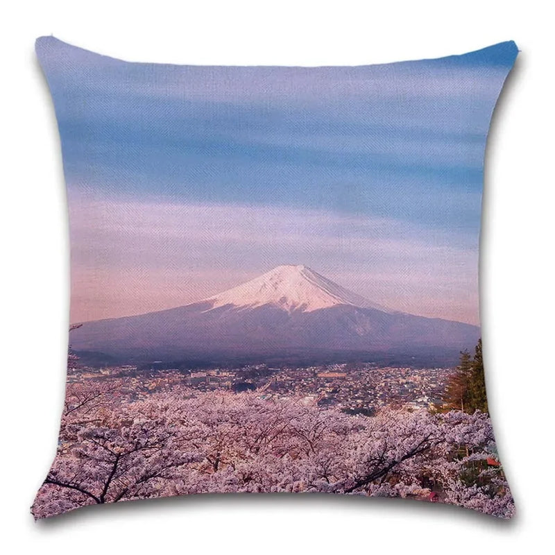 Axyaa Cherry Blossom Mountain Landscape Cushion Cover