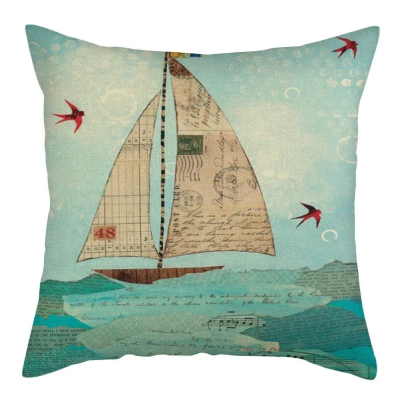 Marine Ship Print Linen Pillow Cover for Home Sofa Decor Axyaa