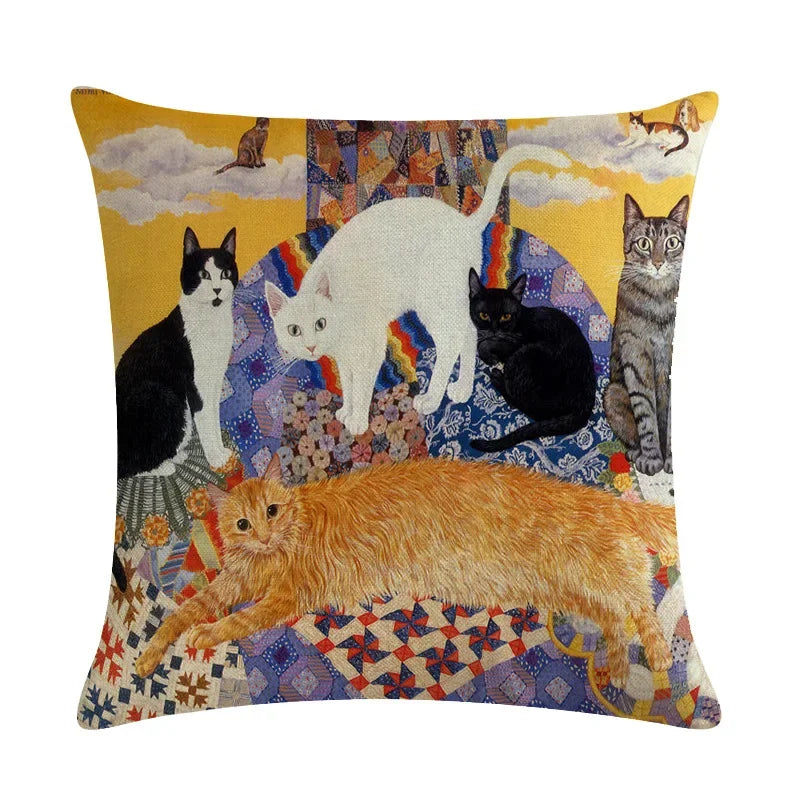 Axyaa Retro Cat Linen Pillowcase 45*45cm - Home & Sofa Decoration