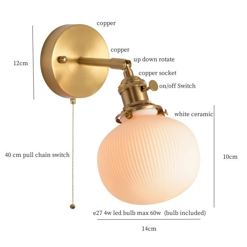 Axyaa Ceramic LED Wall Sconce with Pull Chain for Home Decor