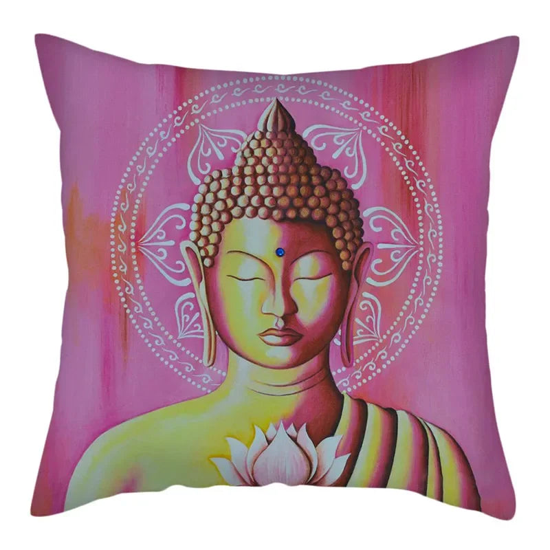 Axyaa Buddha Statue Polyester Cushion Cover for Home Sofa Decor