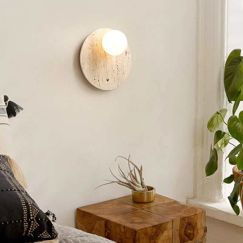 Axyaa Round Natural Stone Art Wall Lamp Cream Sconce Bedside Decor
