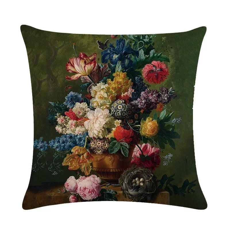 Axyaa Retro Oil Painting Linen Cushion Cover for Home Decor