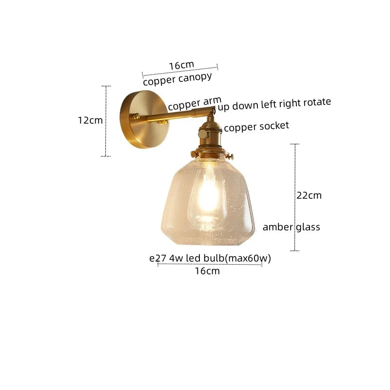 Axyaa Copper Glass Knob Switch LED Wall Light Fixture for Bedroom, Nordic Modern Arandela