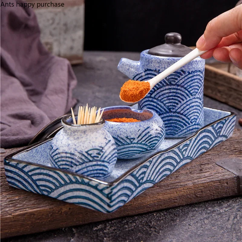 Axya Blue Fish Pattern Ceramic Spice Jar Set with Tray and Condiment Bottles