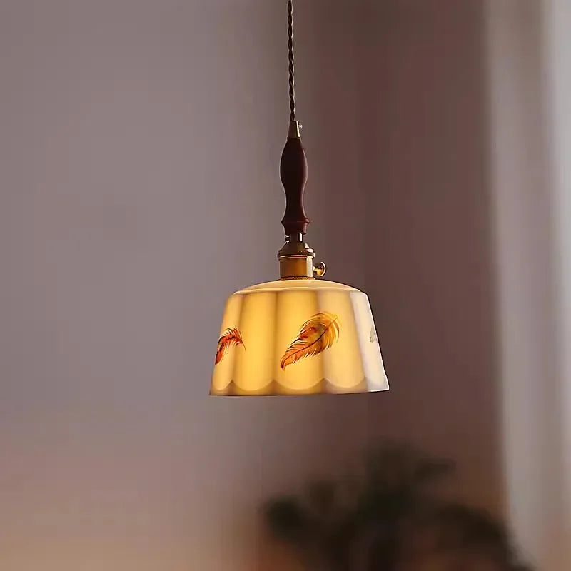 Axyaa White Ceramic Pendant Light Retro Wood Copper LED Hanging Lamp
