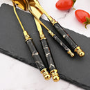 Axyaa Gold Ceramic Dinnerware Set with Stainless Steel Flatware & Cutlery in Luxe Storage Rack