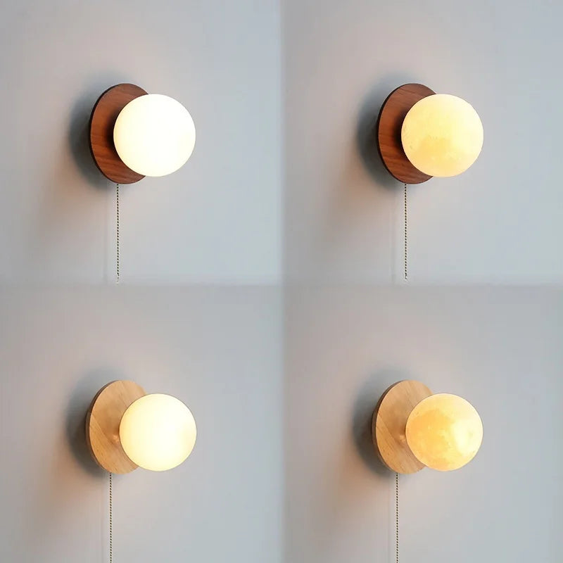 Axyaa Nordic LED Walnut Wood Glass Ball Wall Sconce with Pull Chain Switch