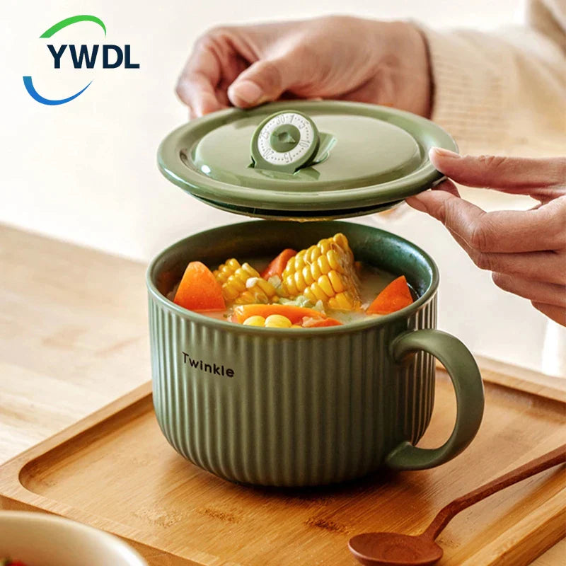 Axya Striped Ceramic Noodle Bowl with Handle for Kitchen Tableware and Microwave Safe